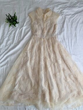 Elegant Butterfly Embroidered Tulle Dress in Soft Cream